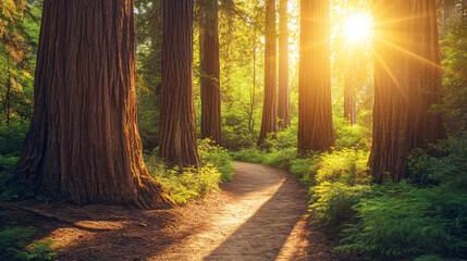 Obraz premium A lush forest with towering redwood trees and a sunlit path. 