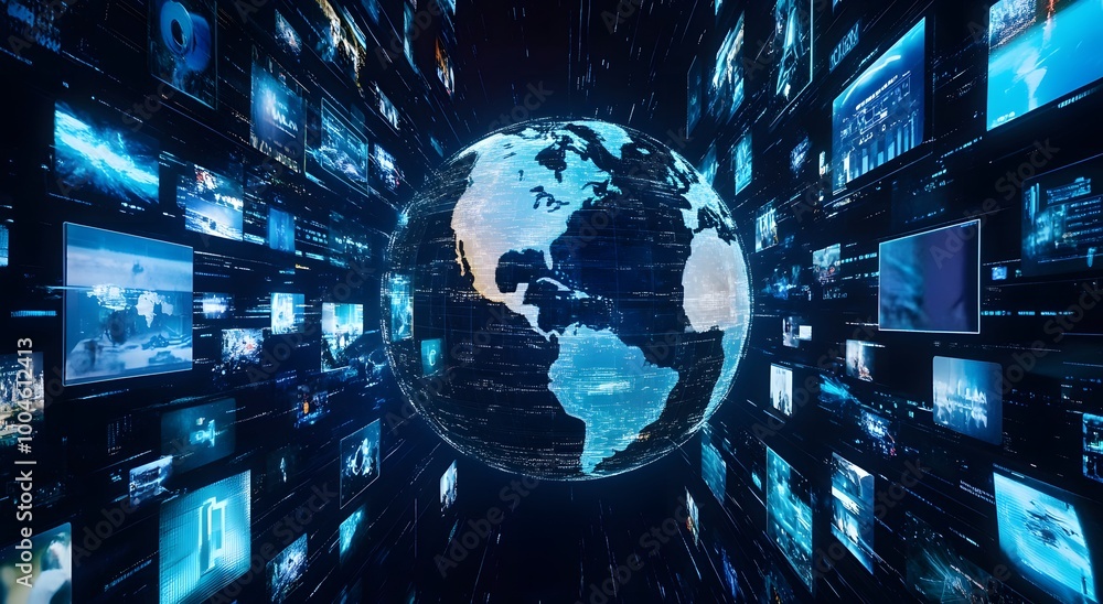 Aufkleber abstract digital globe surrounded by multiple television screens. representing global network connec