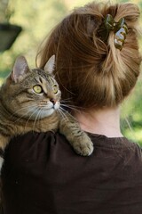 woman and cat. happy European woman lovingly hugs her cute tabby cat at home, charming pet concept, Friendship between man and his pet. pet care, view from back