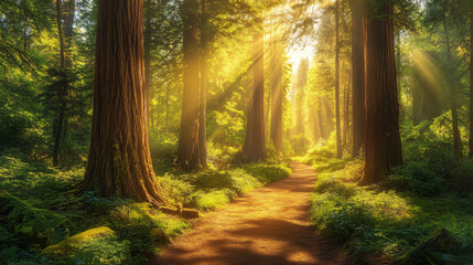 Obraz premium A lush forest with towering redwood trees and a sunlit path. 