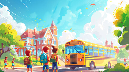 Obraz premium Children Waiting for School Bus Outside Classic School Building