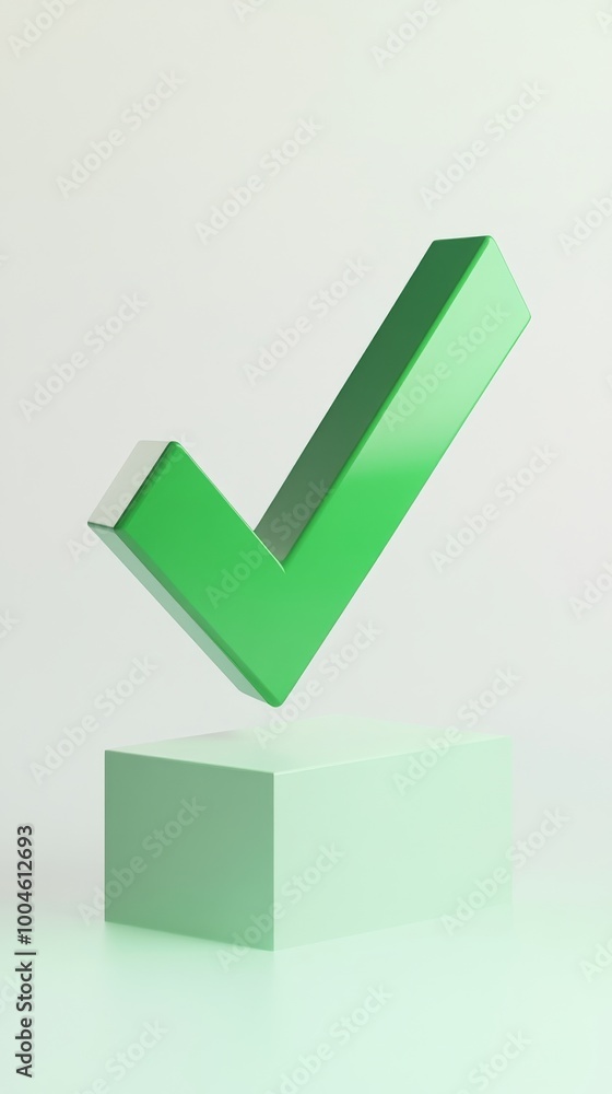 Aufkleber green check mark symbol floating over a cube on green background