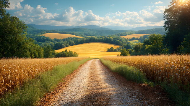 Rural dirt road crossing a golden yellow corn field. Scenic farm landscape with rolling hills and blue sky. Agriculture and countryside beauty.