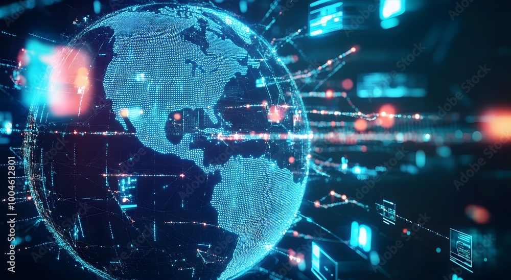 Poster abstract digital globe surrounded by multiple television screens. representing global network connec