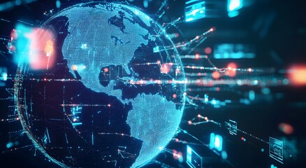 Abstract digital globe surrounded by multiple television screens. representing global network connectivity, news and media connectivity. A symbol of the impact of modern communication technology