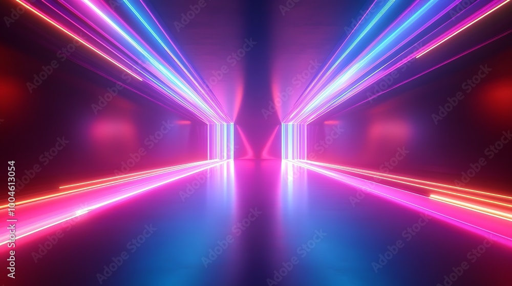 Poster abstraction with rays and neon. futuristic empty stage, generative ai