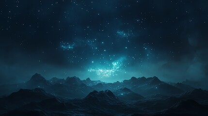 A mountain range bathed in the light of a starry sky.