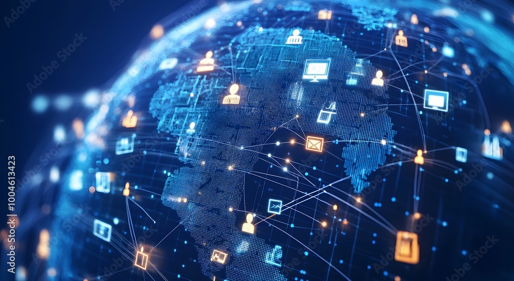 Poster abstract digital globe surrounded by multiple television screens. representing global network connec