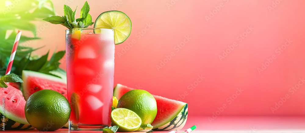Poster fresh watermelon lemonade garnished with lime and mint displayed on a vibrant backdrop with copy spa