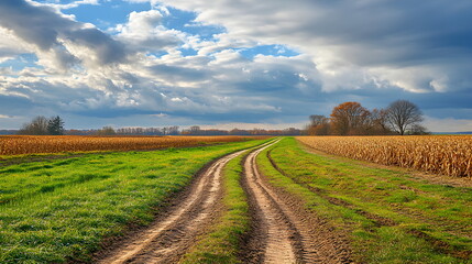 Obraz premium Rural dirt road curving through farm field with green grass and golden crop under dramatic cloudy sky. Countryside path concept.