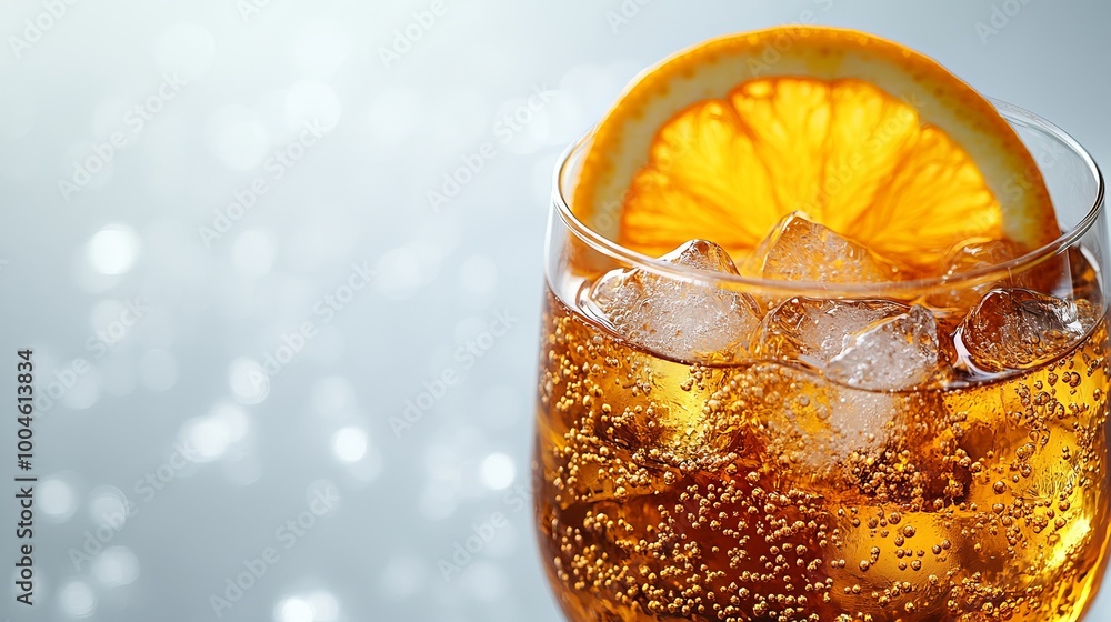 Poster refreshing orange cocktail with ice cubes and bokeh effect background