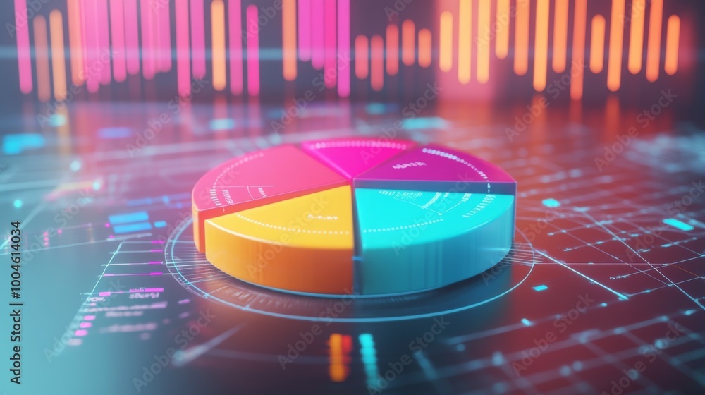 Poster a colorful 3d pie chart with vibrant, segmented slices, floating above a digital grid, representing 