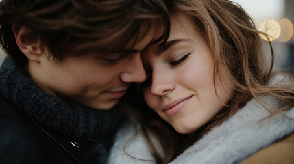Young couple snuggled up together, their faces gently touching, wrapped in cozy scarves, with soft lighting, symbolizing warmth, affection, and emotional closeness.