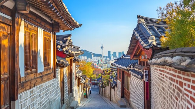 Gorgeous view of cozy old narrow street and traditional Korean houses of Bukchon Hanok Village in Seoul, South Korea. Seoul Tower on Namsan Mountain is visible on blue sky background. Scenic cityscape