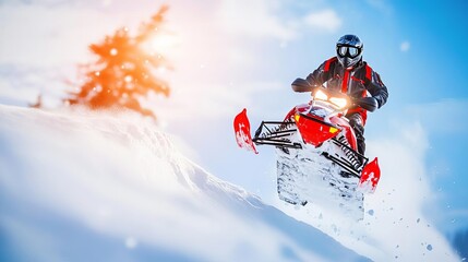 Snowmobiler jumping off a snowbank, snowy landscape, extreme winter thrill