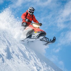 Snowmobiler leaping off a snowy cliff, engine roaring, powder snow exploding, high-speed winter thrill