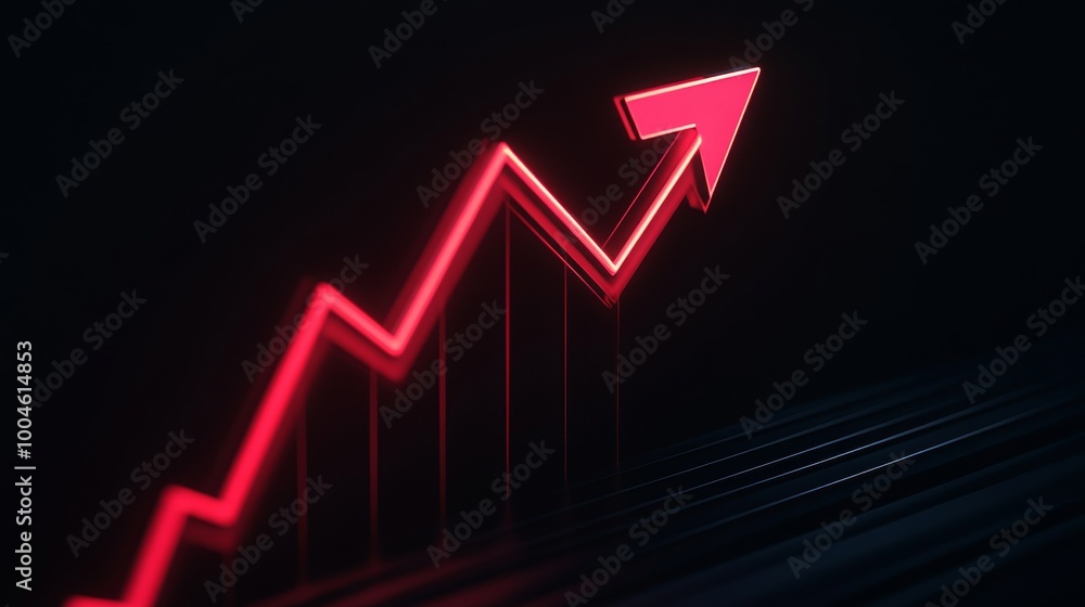 Poster red neon arrow pointing up on a graph on a dark background