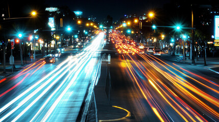 Obraz premium A long-exposure photograph of city traffic at night, with car headlights creating light trails.