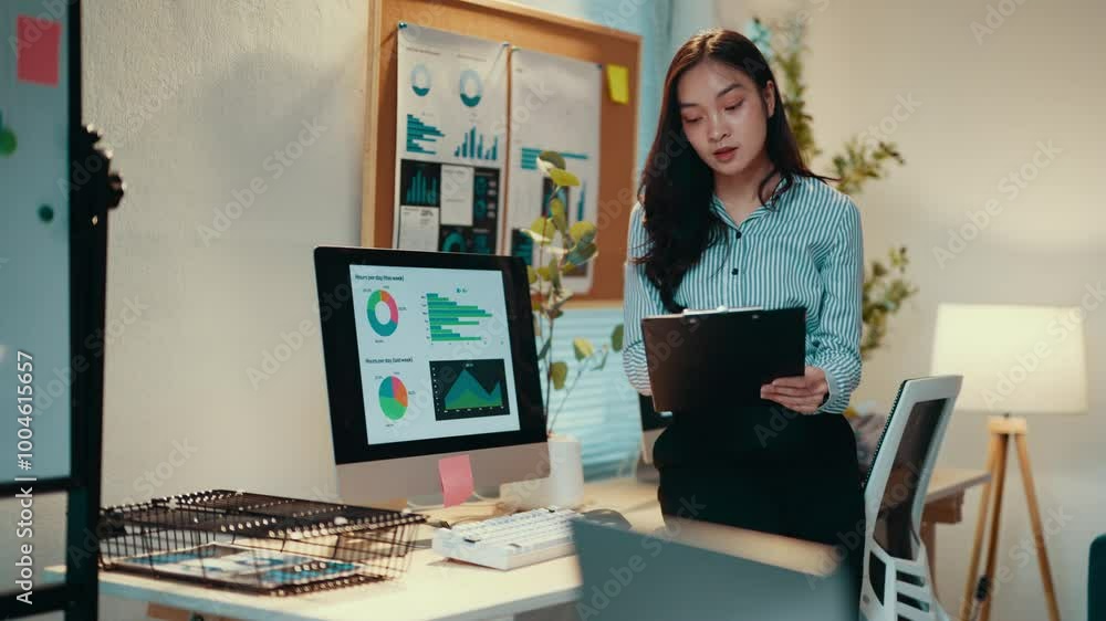 Poster young businesswoman standing in an office presents business results using a computer and clipboard, 