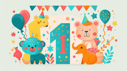 Obraz premium Colorful Animal Birthday Celebration with Number One