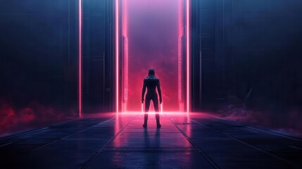 Alien warrior with a glowing plasma sword, standing in front of a futuristic fortress surrounded by neon lights, Sci-Fi, 3D Art