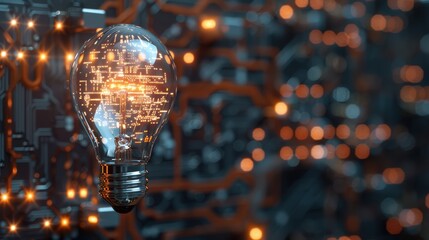 Light bulb circuit board on dark background symbolizing innovation and creativity