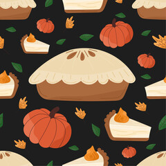 Thanksgiving pattern with apple pie, pumpkins and autumn leaves on dark background. Cute fall image in Thanksgiving culinary tradition concept. For Thanksgiving decor, kitchen textiles, wallpaper.