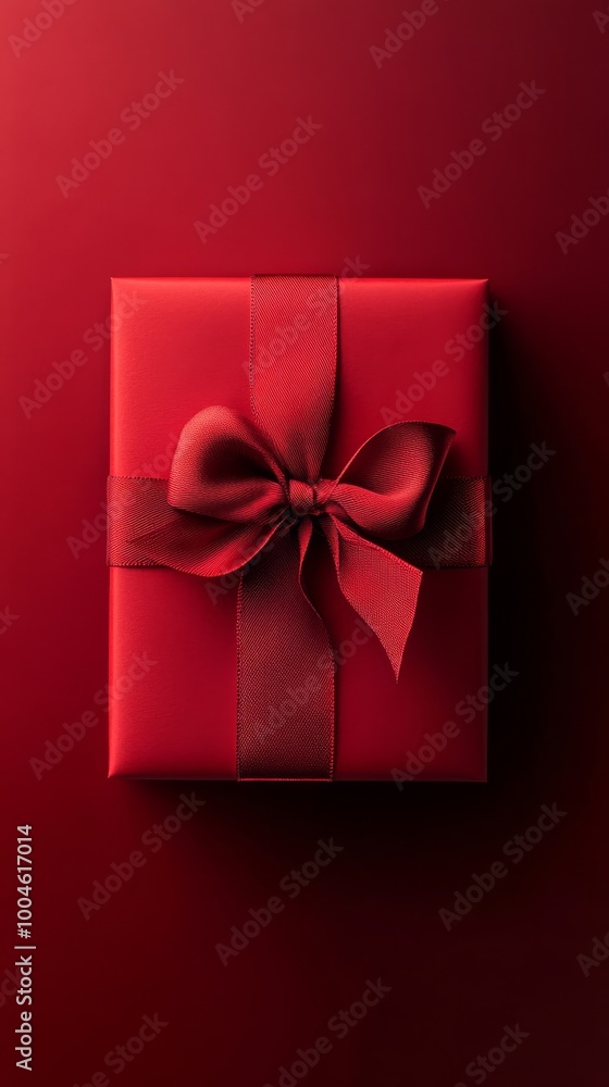 Poster Elegant red gift box with matching ribbon on red background
