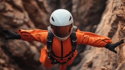 Wingsuit flyer navigating through narrow mountain passages, ultimate aerial daredevil experience