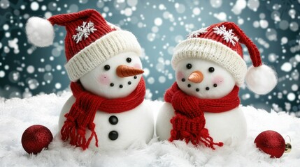 Two cute, happy snowmen wearing red scarves 