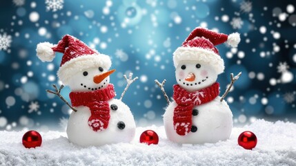 Fototapeta premium Two cute, smiling snowmen with red scarves 