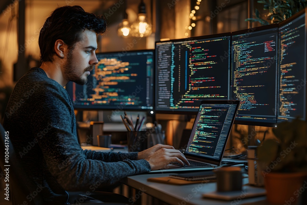 Aufkleber focused programmer working late at night in a modern office setup