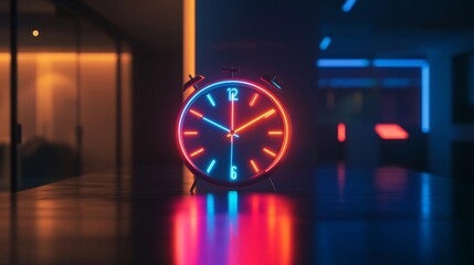 Neon alarm clock shining in dark room at night
