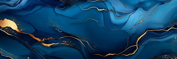 This wallpaper is designed for printing and decoration with a deep blue marble alcohol ink background and gold kintsugi decorations, generative ai