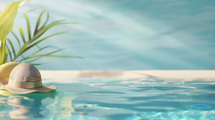 Obraz premium Straw hat floating on water by a tropical pool