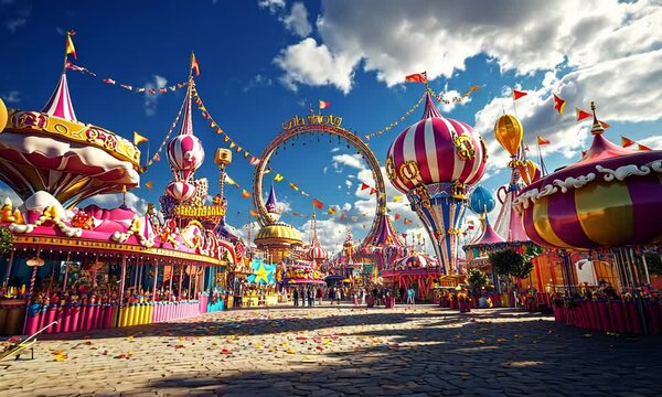Colorful Amusement Park Entrance with Ferris Wheel