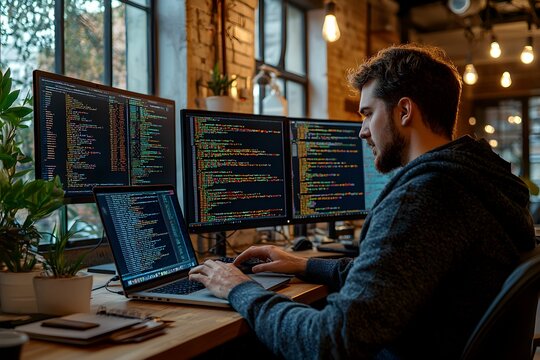 A programmer coding at a desk with multiple screens in an office