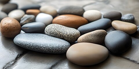 a table topped with stones and pebbles sitting side by side, generative ai