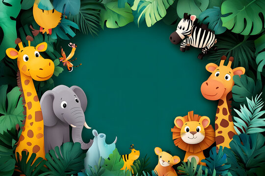 Fototapeta Cute cartoon safari animal frame border on background for kids.