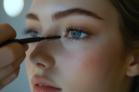 Applying mascara to enhance long eyelashes during makeup session