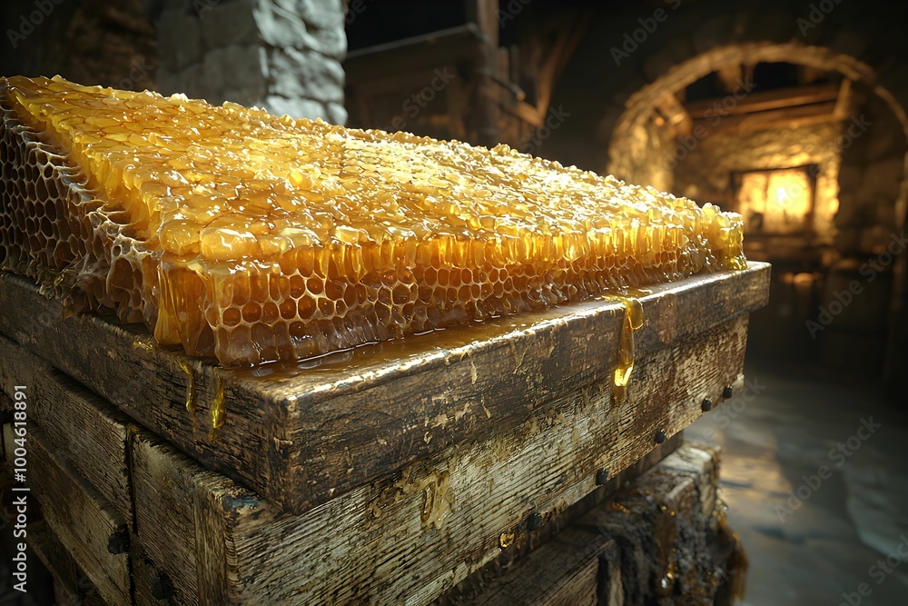 Aufkleber fresh honeycomb displayed in a rustic setting with warm lighting