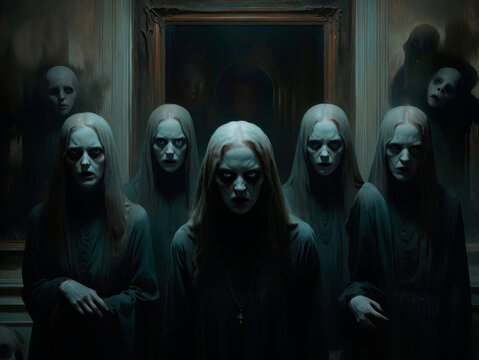A painting of a group of scary dead ghosts with white faces and dark eyes standing in a haunted manor looking staright at the camera. Spooky Halloween horror gothic art illustration.