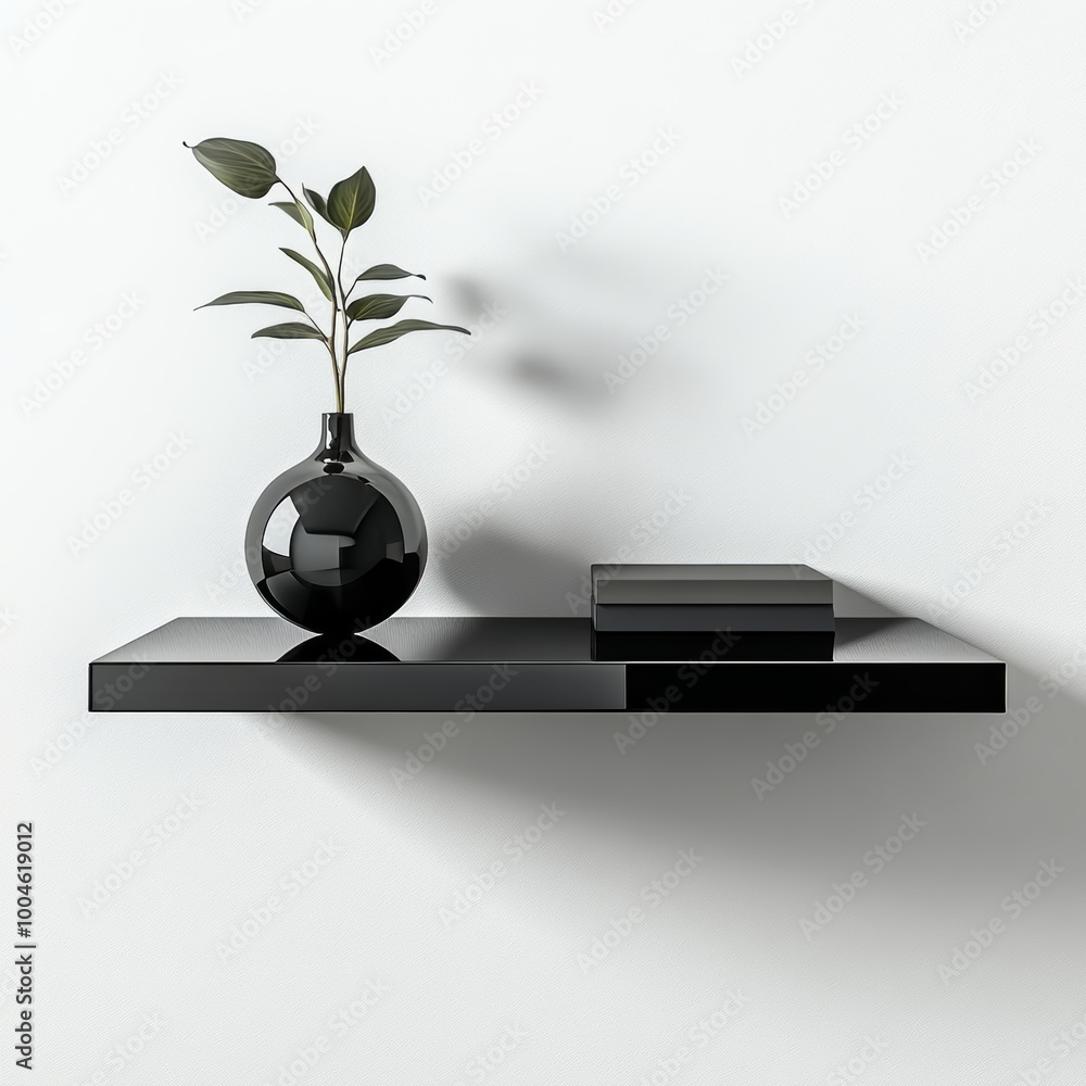 Poster a glossy black shelf unit floating against a clean white background with soft shadows, ready for dis