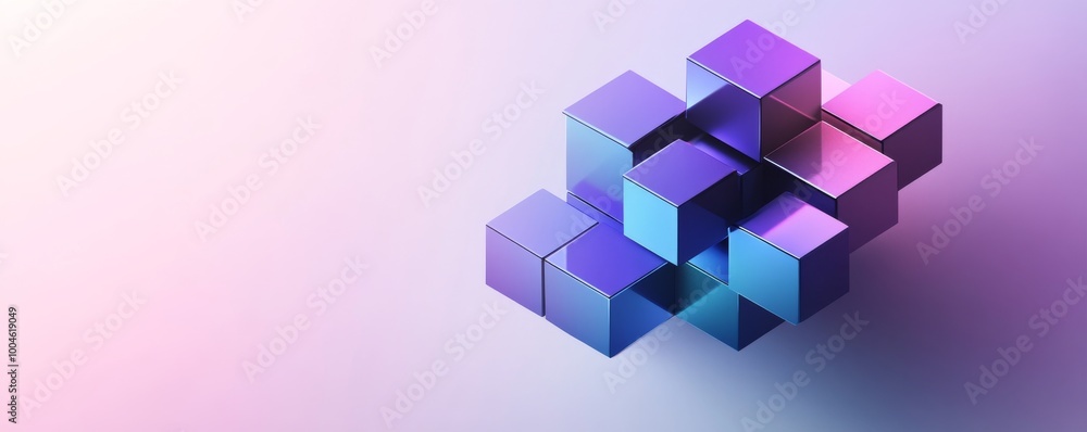 Poster group of shiny metallic cubes forming abstract structure