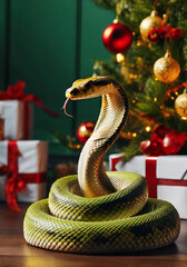 A snake near the Christmas tree in New Year's gifts the year of the snake 2025