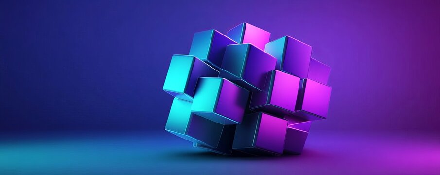 Abstract metallic cubes forming complex structure under neon lights