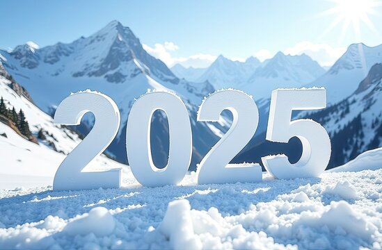 New Year Christmas inscription with 2025 on the background of snow-covered winter mountains with snow. Banner for promoting tours for a travel agency. Holidays at a winter ski resort.