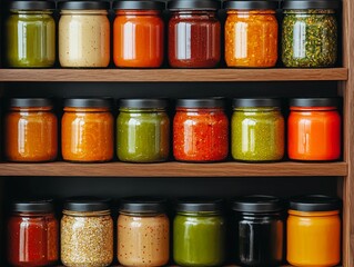 Colorful jars of sauces and condiments on a wooden shelf.