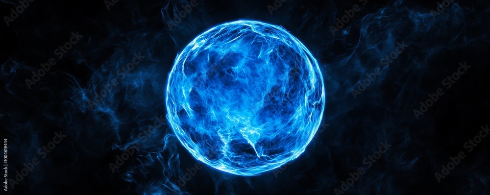 Poster blue energy sphere exploding with power and light