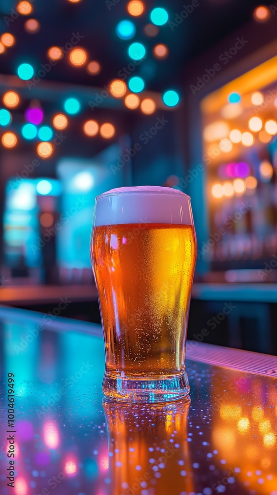 Aufkleber glass of beer standing on bar counter with colorful bokeh lights in background